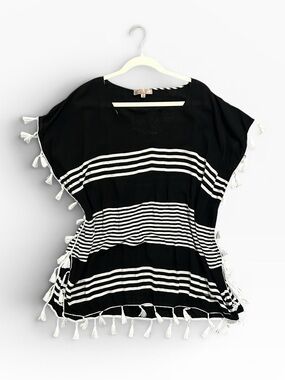Black & White Striped Tassel Swim Coverup